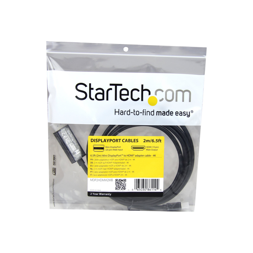 Produktbild för StarTech.com 2 m Mini DisplayPort till HDMI-kabel - 4K 30 Hz Video - mDP till HDMI-kabeladapter - Mini DP eller Thunderbolt 1/2 Mac/PC till HDMI-skärm/monitor - mDP till HDMI konverterarkabel - adapterkabel - DisplayPort / HDMI - 2 m