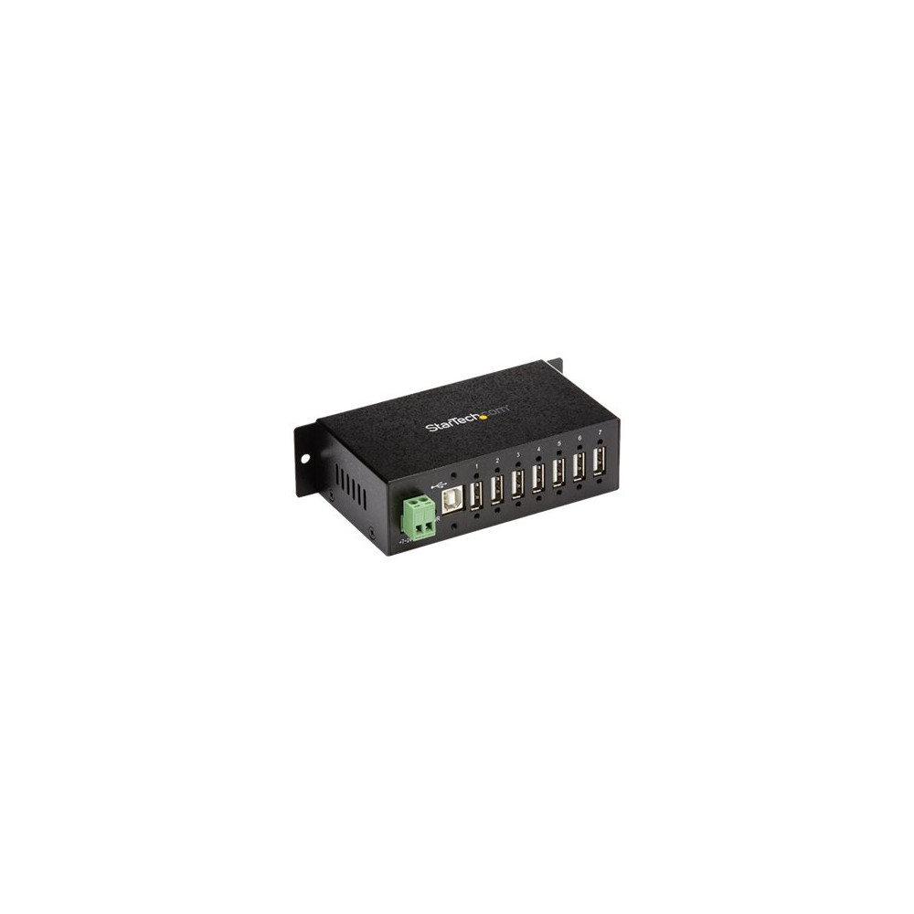 Produktbild för StarTech.com USB 2.0-hubb med 7 portar - Industriell USB-A-hubb i metall med ESD-skydd och 350 W överspänningsskydd - Monterbar på DIN-skena, vägg eller skrivbord - TAA-kompatibel USB-expansionshubb - hubb - 7 portar