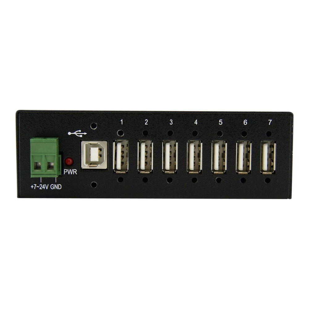 Produktbild för StarTech.com USB 2.0-hubb med 7 portar - Industriell USB-A-hubb i metall med ESD-skydd och 350 W överspänningsskydd - Monterbar på DIN-skena, vägg eller skrivbord - TAA-kompatibel USB-expansionshubb - hubb - 7 portar
