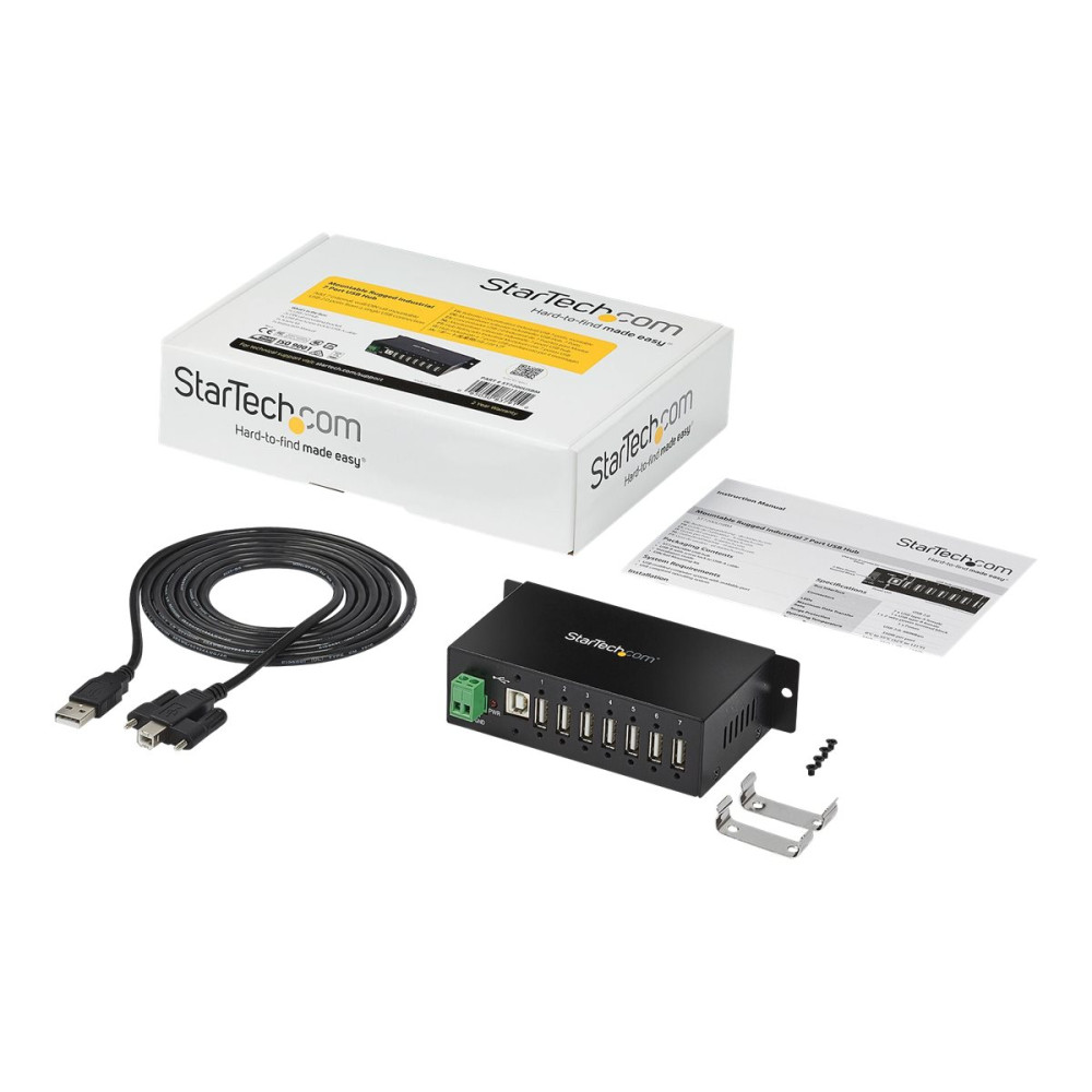 Produktbild för StarTech.com USB 2.0-hubb med 7 portar - Industriell USB-A-hubb i metall med ESD-skydd och 350 W överspänningsskydd - Monterbar på DIN-skena, vägg eller skrivbord - TAA-kompatibel USB-expansionshubb - hubb - 7 portar
