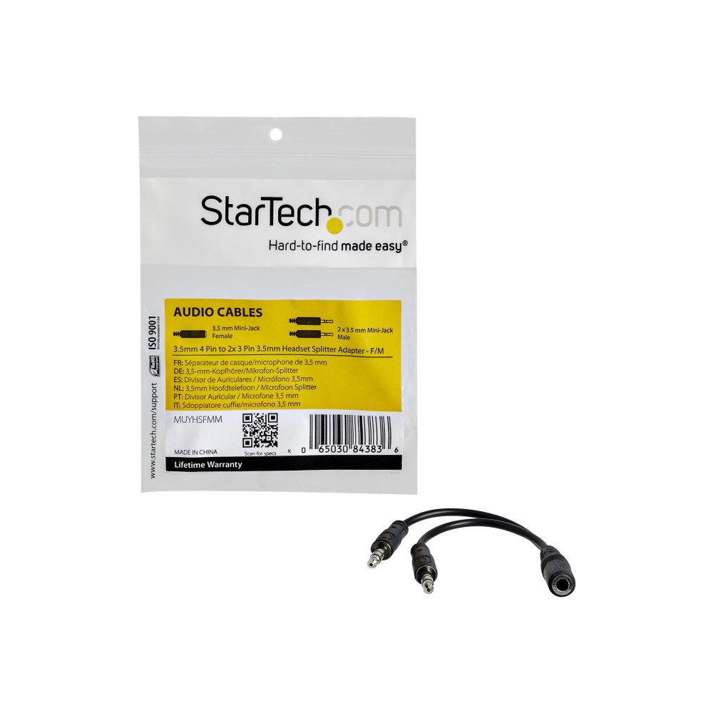 Produktbild för StarTech.com 3,5 mm 4-polig till 2x 3-polig 3,5 mm headsetsplitteradapter – F/M - headset-delare