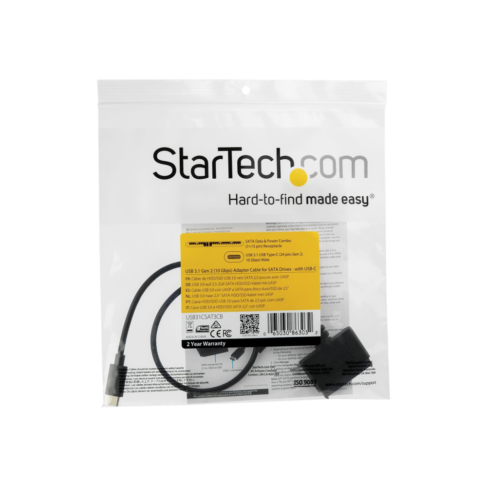 Produktbild för Startech USB 3.1 (10 Gbps) Adapterkabel för 2,5" SATA-enheter - med USB-C - kontrollerkort - SATA 6Gb/s - USB 3.1 (Gen 2)