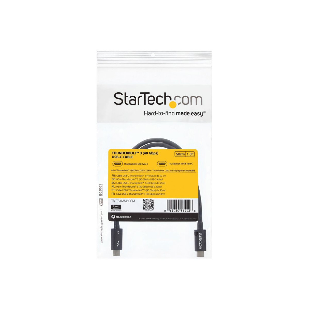Produktbild för StarTech 50cm (1.6ft) Thunderbolt 3 Cable, 40Gbps, 100W PD, 4K/5K Video, Thunderbolt-Certified, Compatible w/ TB4/USB 3.2/DisplayPort - Thunderbolt-kabel - USB-C till USB-C - 50 cm