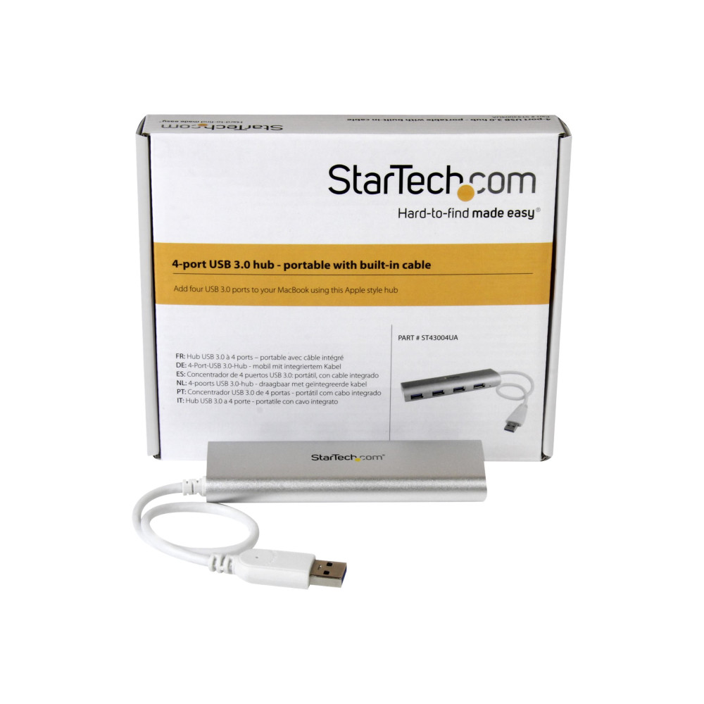 Produktbild för Startech Bärbar USB 3.0-hubb med 4 portar och inbyggd kabel - hubb - 4 portar