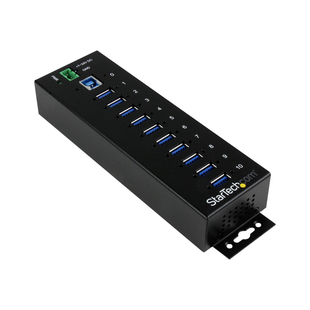 Produktbild för Startech USB 3.0-hubb med 10 portar - Industriell USB-A-hubb i metall med ESD- och överspänningsskydd - Monterbar på DIN-skena, vägg eller skrivbord - TAA-kompatibel USB-expansionshubb - hubb - 10 portar