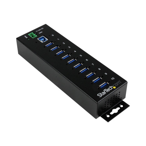 StarTech.com Startech USB 3.0-hubb med 10 portar - Industriell USB-A-hubb i metall med ESD- och överspänningsskydd - Monterbar på DIN-skena, vägg eller skrivbord - TAA-kompatibel USB-expansionshubb - hubb - 10 portar