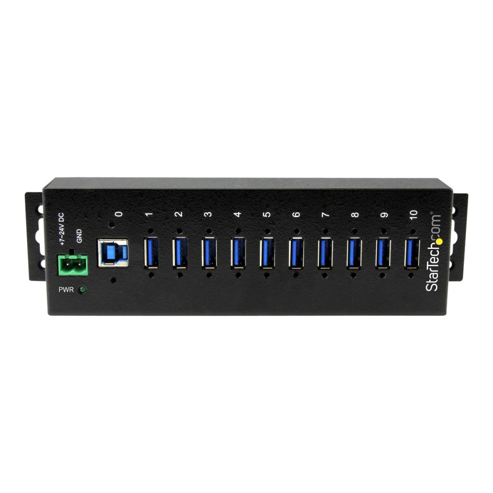 Produktbild för Startech USB 3.0-hubb med 10 portar - Industriell USB-A-hubb i metall med ESD- och överspänningsskydd - Monterbar på DIN-skena, vägg eller skrivbord - TAA-kompatibel USB-expansionshubb - hubb - 10 portar