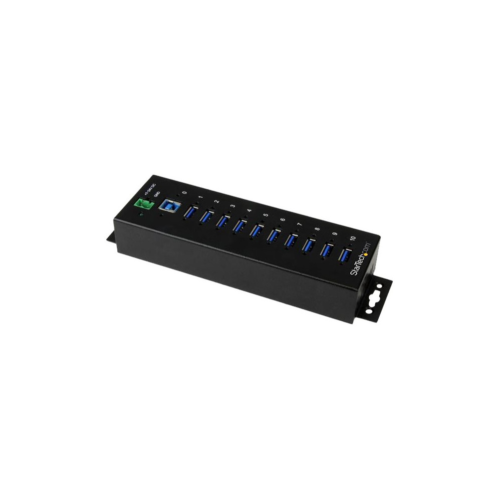 Produktbild för Startech USB 3.0-hubb med 10 portar - Industriell USB-A-hubb i metall med ESD- och överspänningsskydd - Monterbar på DIN-skena, vägg eller skrivbord - TAA-kompatibel USB-expansionshubb - hubb - 10 portar