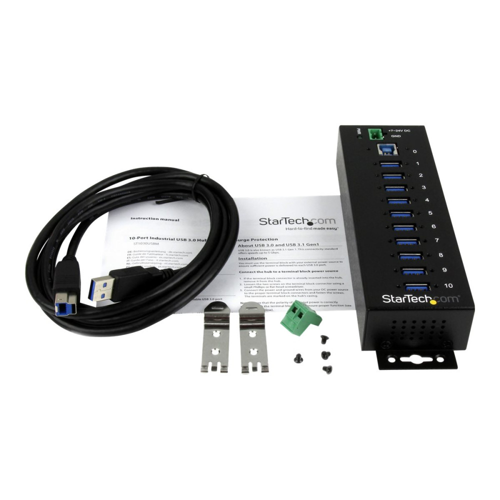 Produktbild för Startech USB 3.0-hubb med 10 portar - Industriell USB-A-hubb i metall med ESD- och överspänningsskydd - Monterbar på DIN-skena, vägg eller skrivbord - TAA-kompatibel USB-expansionshubb - hubb - 10 portar