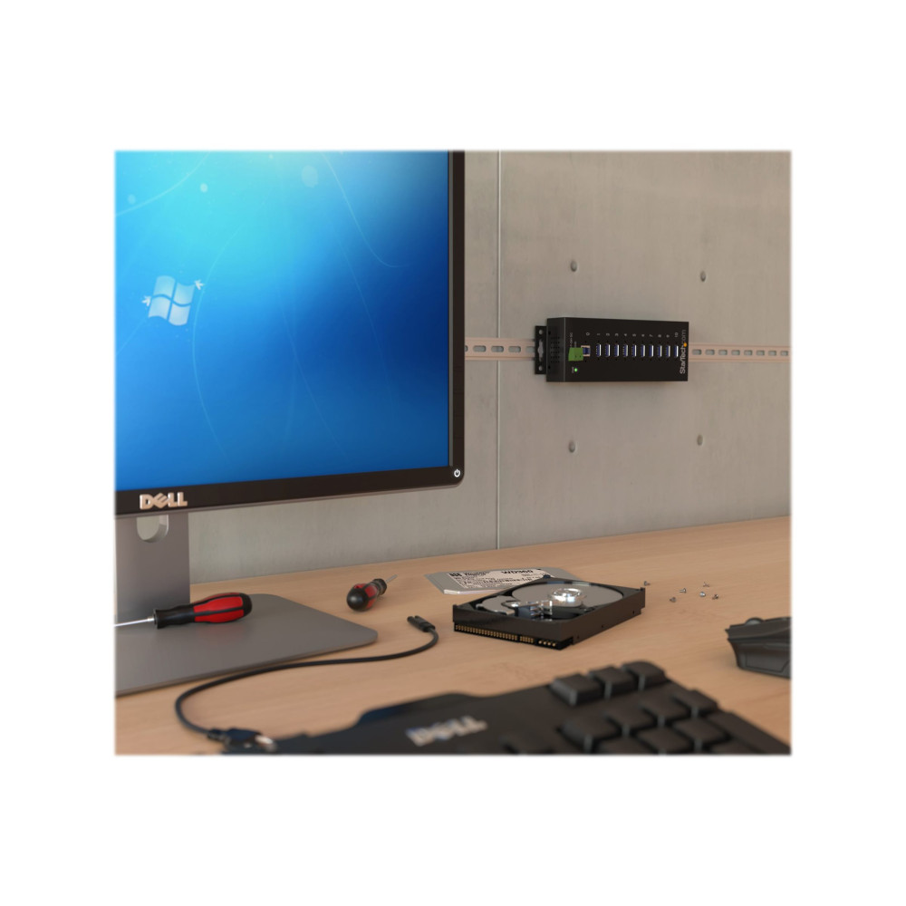 Produktbild för Startech USB 3.0-hubb med 10 portar - Industriell USB-A-hubb i metall med ESD- och överspänningsskydd - Monterbar på DIN-skena, vägg eller skrivbord - TAA-kompatibel USB-expansionshubb - hubb - 10 portar