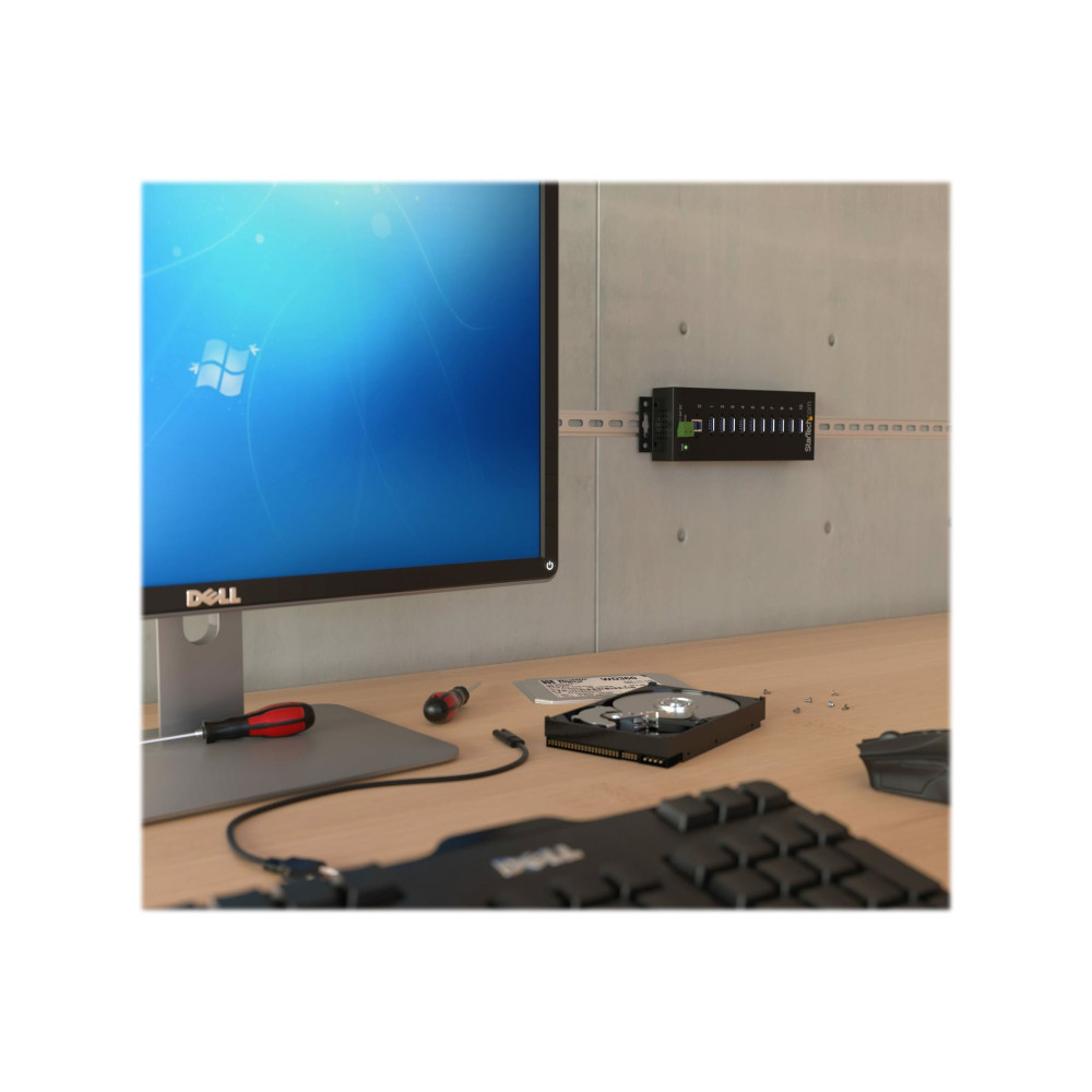 Produktbild för Startech USB 3.0-hubb med 10 portar - Industriell USB-A-hubb i metall med ESD- och överspänningsskydd - Monterbar på DIN-skena, vägg eller skrivbord - TAA-kompatibel USB-expansionshubb - hubb - 10 portar