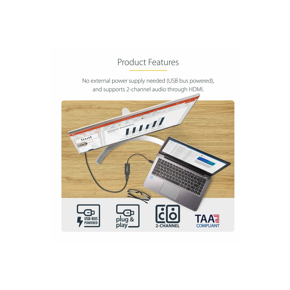 Produktbild för Startech USB 3.0 till HDMI-adapter - 1080p (1920x1200) - Tunn/kompakt USB Type-A till HDMI-skärmadapterkonverterare - Externt video- och grafikkort - Svart - Endast Windows - adapterkabel - HDMI / USB - TAA-kompatibel - 19 cm
