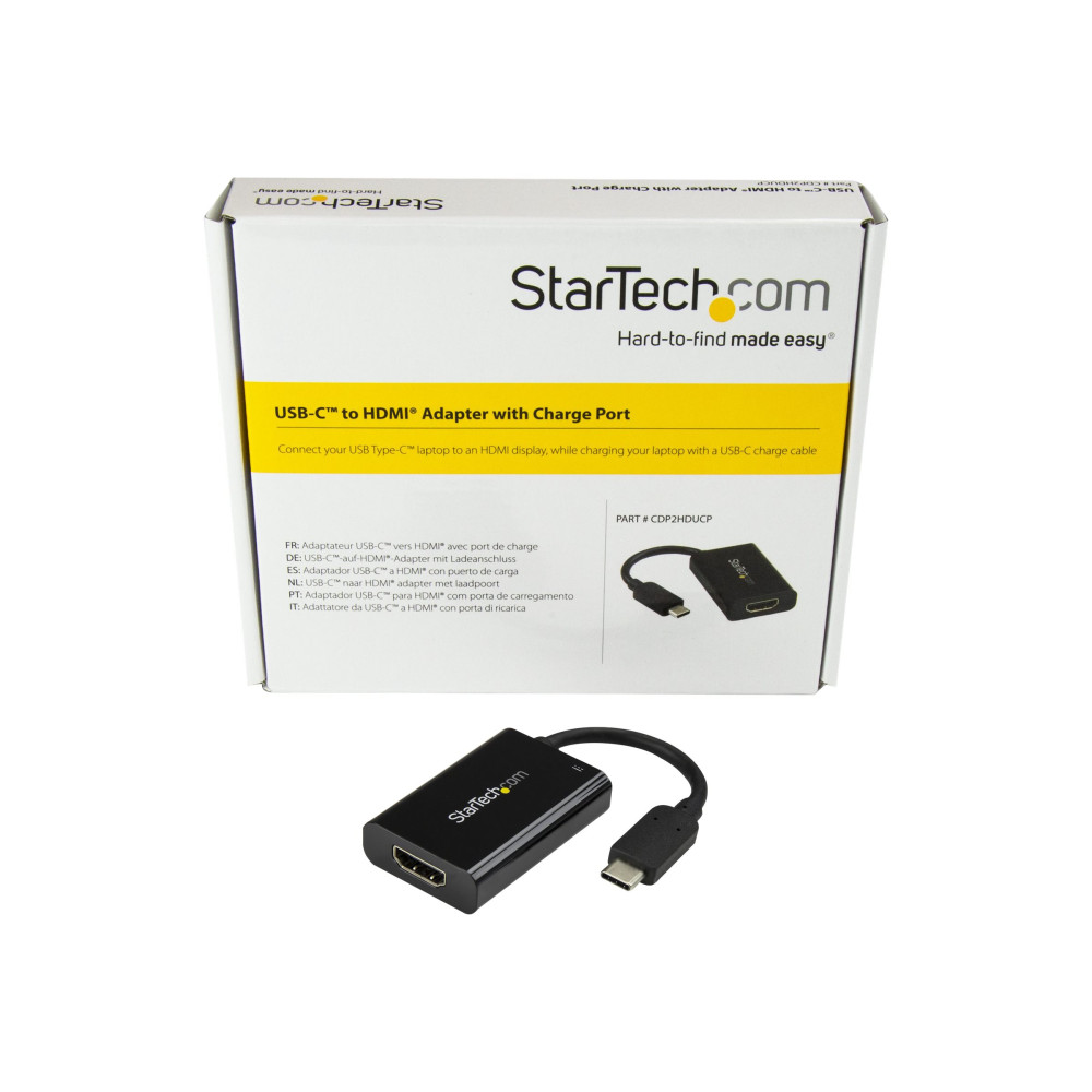 Produktbild för Startech USB C till HDMI 2.0-adapter med strömförsörjning ‒ videokonverterare USB Type-C till HDMI-skärm för 4K vid 60 Hz ‒ port som ger strömförsörjning på 60 W för direktladdning ‒ Thunderbolt 3-kompatibel ‒ svart - videokort - HDMI / USB