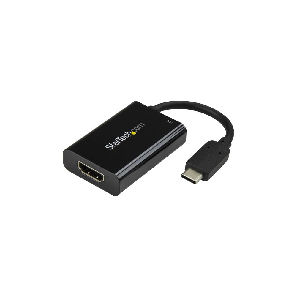 Produktbild för Startech USB C till HDMI 2.0-adapter med strömförsörjning ‒ videokonverterare USB Type-C till HDMI-skärm för 4K vid 60 Hz ‒ port som ger strömförsörjning på 60 W för direktladdning ‒ Thunderbolt 3-kompatibel ‒ svart - videokort - HDMI / USB