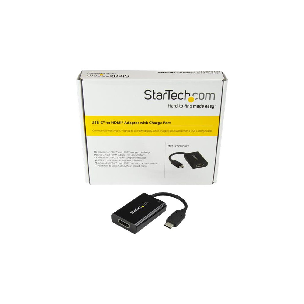 Produktbild för Startech USB C till HDMI 2.0-adapter med strömförsörjning ‒ videokonverterare USB Type-C till HDMI-skärm för 4K vid 60 Hz ‒ port som ger strömförsörjning på 60 W för direktladdning ‒ Thunderbolt 3-kompatibel ‒ svart - videokort - HDMI / USB