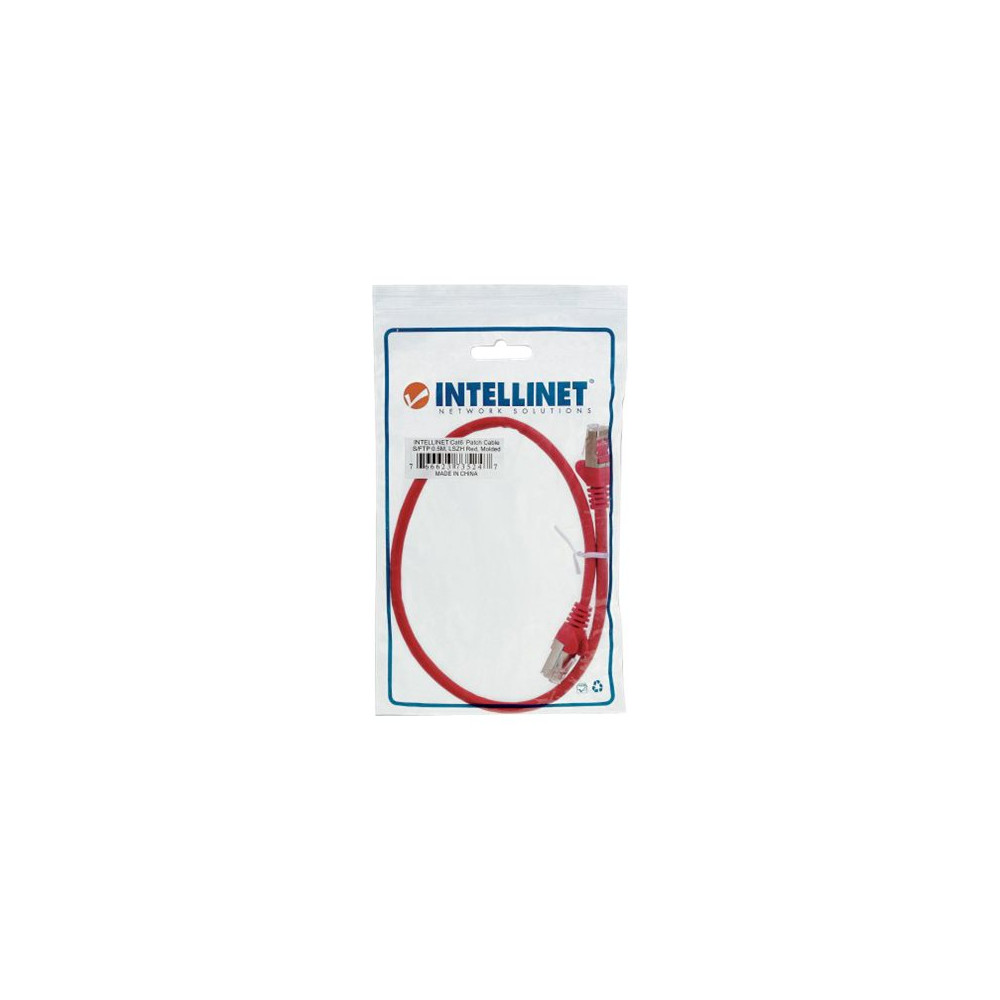 Produktbild för Intellinet Network Patch Cable, Cat6, 0.5m, Red, Copper, S/FTP, LSOH / LSZH, PVC, RJ45, Gold Plated Contacts, Snagless, Booted, Lifetime Warranty, Polybag - patch-kabel - 50 cm - röd