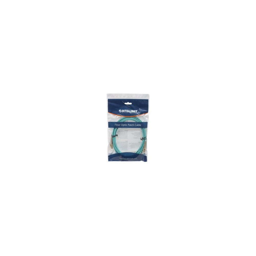 Produktbild för Intellinet Fiber Optic Patch Cable, OM3, LC/LC, 5m, Aqua, Duplex, Multimode, 50/125 µm, LSZH, Fibre, Lifetime Warranty, Polybag - patch-kabel - 5 m - havsblå