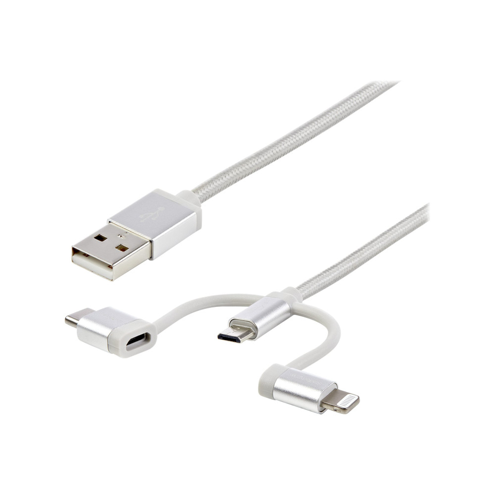 Produktbild för StarTech.com 1 m USB-multiladdningskabel - USB till Micro-USB eller USB-C eller Lightning för iPhone/ iPad/iPod/Android - Apple MFi-certifierad - 3 i 1 USB-laddare - Vävd - USB-kabel - 1 m