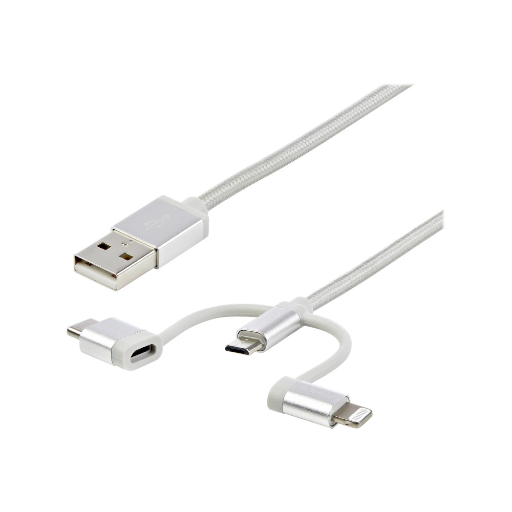 Produktbild för StarTech.com 1 m USB-multiladdningskabel - USB till Micro-USB eller USB-C eller Lightning för iPhone/ iPad/iPod/Android - Apple MFi-certifierad - 3 i 1 USB-laddare - Vävd - USB-kabel - 1 m
