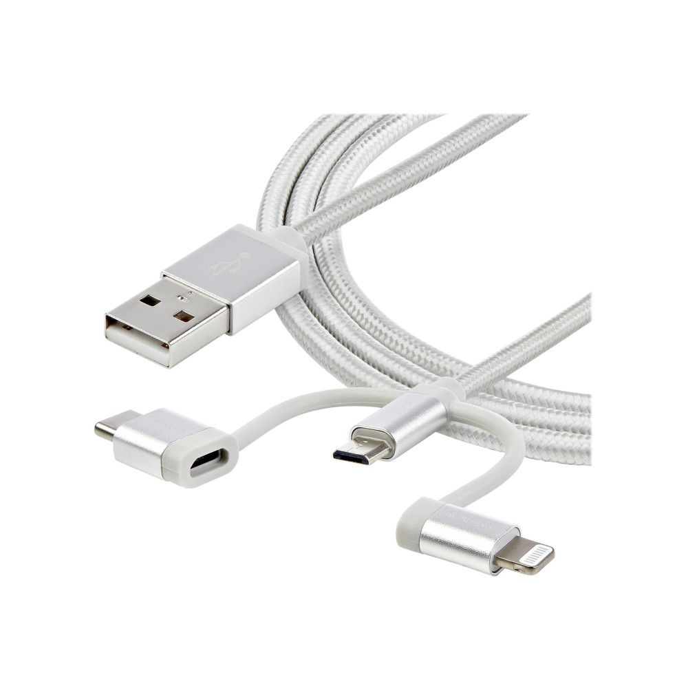 Produktbild för StarTech.com 1 m USB-multiladdningskabel - USB till Micro-USB eller USB-C eller Lightning för iPhone/ iPad/iPod/Android - Apple MFi-certifierad - 3 i 1 USB-laddare - Vävd - USB-kabel - 1 m