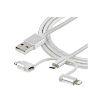 Produktbild för StarTech.com 1 m USB-multiladdningskabel - USB till Micro-USB eller USB-C eller Lightning för iPhone/ iPad/iPod/Android - Apple MFi-certifierad - 3 i 1 USB-laddare - Vävd - USB-kabel - 1 m