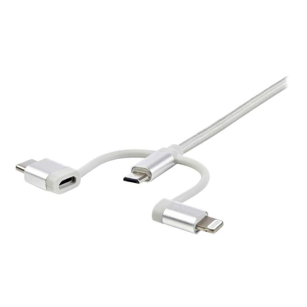 Produktbild för StarTech.com 1 m USB-multiladdningskabel - USB till Micro-USB eller USB-C eller Lightning för iPhone/ iPad/iPod/Android - Apple MFi-certifierad - 3 i 1 USB-laddare - Vävd - USB-kabel - 1 m