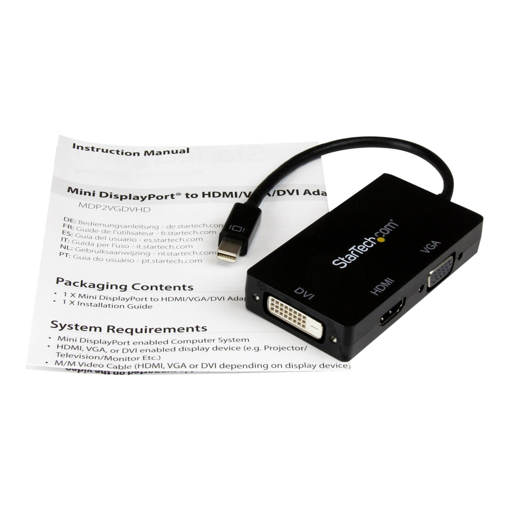 Produktbild för Startech A/V-reseadapter: 3-i-1 Mini DisplayPort till VGA-, DVI- eller HDMI-konverterare - videokort - Mini DisplayPort / HDMI / DVI / VGA - 27 cm