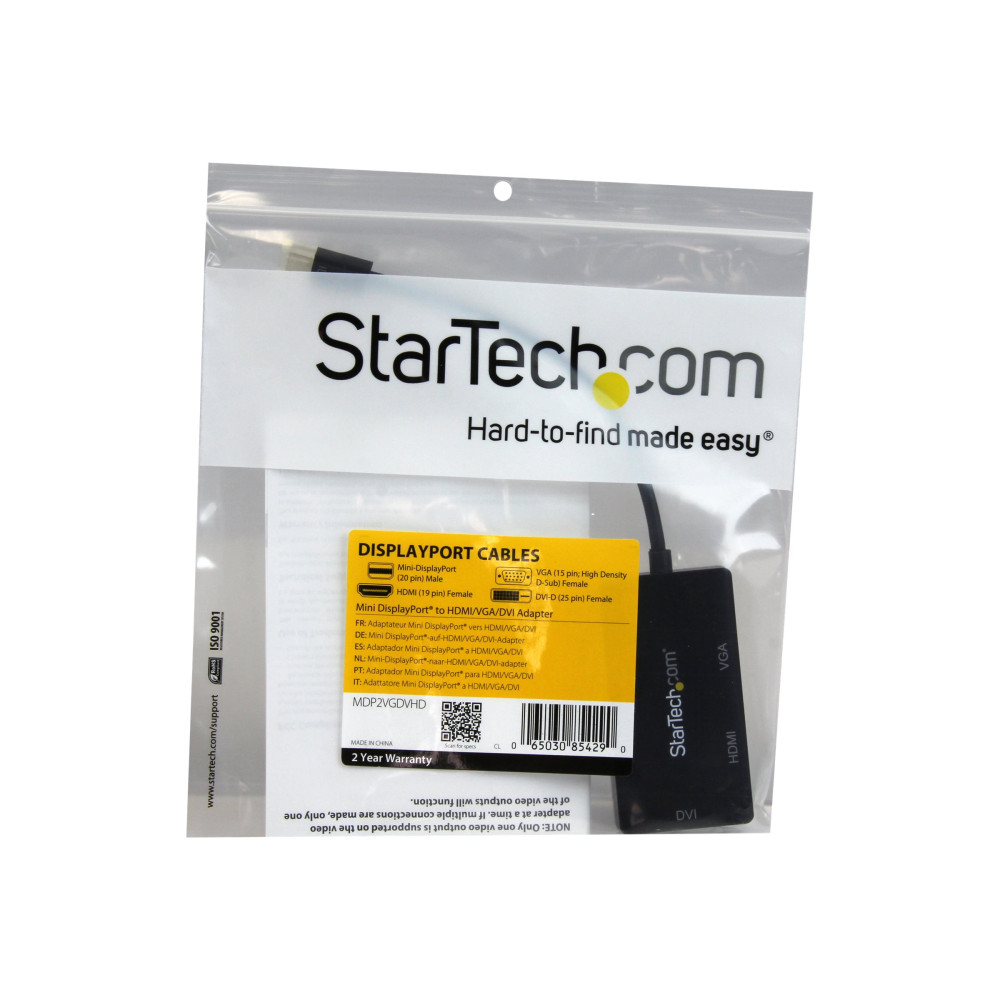 Produktbild för Startech A/V-reseadapter: 3-i-1 Mini DisplayPort till VGA-, DVI- eller HDMI-konverterare - videokort - Mini DisplayPort / HDMI / DVI / VGA - 27 cm