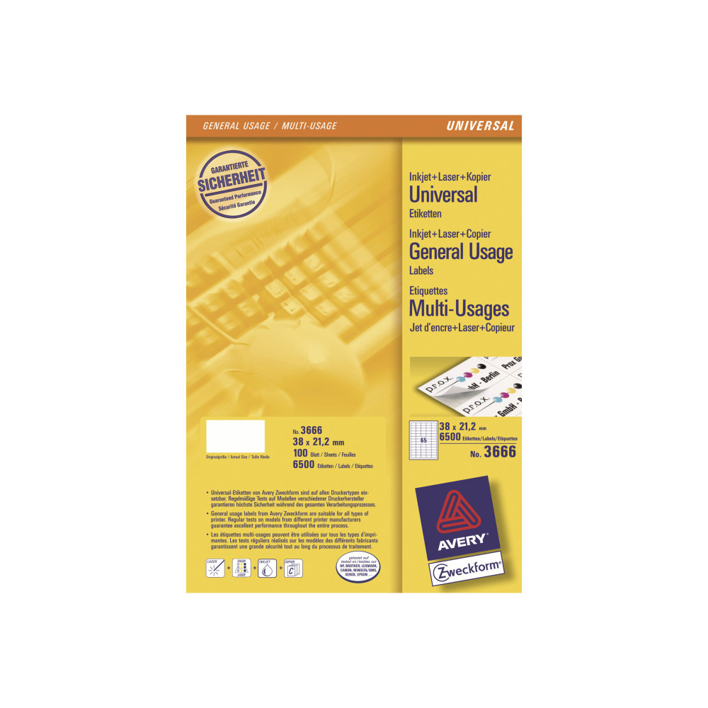 Produktbild för Avery - etiketter för flera ändamål - 6500 etikett (er) - 38.1 x 21.2 mm