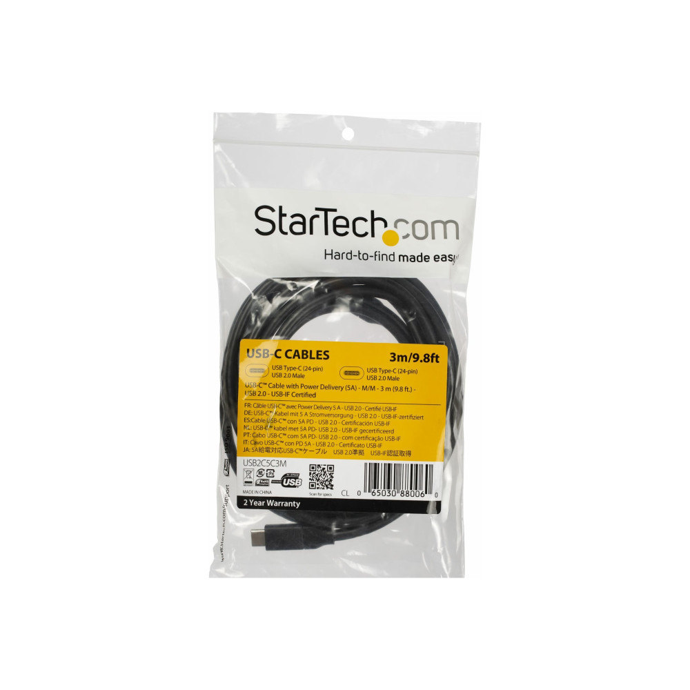 Produktbild för StarTech USB C To USB C Cable - 10 ft / 3m - USB-IF Certified - 5A PD - USB 2.0 - USB Type C Charging Cable - USB C Fast Charge Cable (USB2C5C3M) - USB typ C-kabel - USB-C till USB-C - 3 m