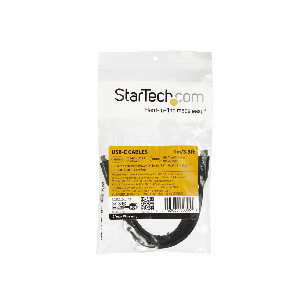 Produktbild för StarTech USB-C till USB-C-kabel med 5A PD - M/M - 1 m - USB 2.0 - USB-IF-certifierad - USB typ C-kabel - USB-C till USB-C - 1 m