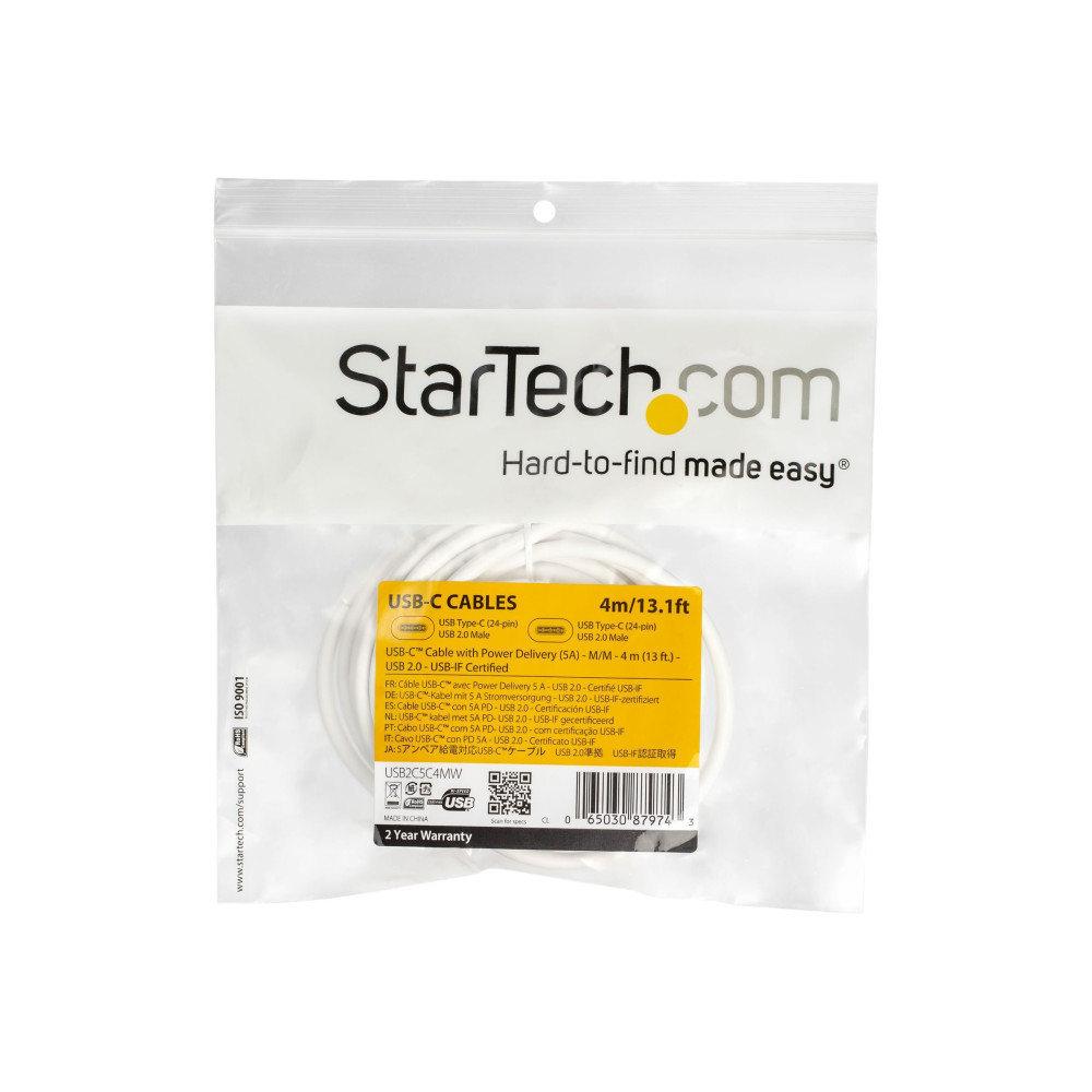 Produktbild för StarTech USB C to USB C Cable - 13 ft / 4m - 5A PD - M/M - White - USB 2.0 - USB-IF Certified - USB Type C Cable - USB C Charging Cable (USB2C5C4MW) - USB typ C-kabel - USB-C till USB-C - 4 m