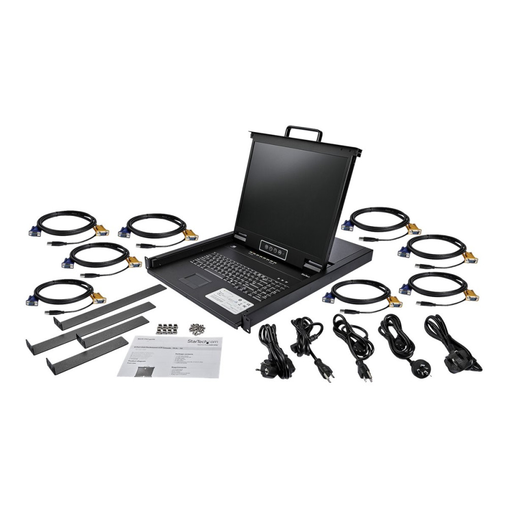 Produktbild för StarTech.com 8-ports rackmonterad KVM-konsol med 1,8 m kablar - Integrerad KVM-switch med 19-tums LCD-skärm - 1U LCD KVM-låda - OSD KVM - Hållbar 50 000 MTBF - USB + VGA-support - KVM-konsol - 19"