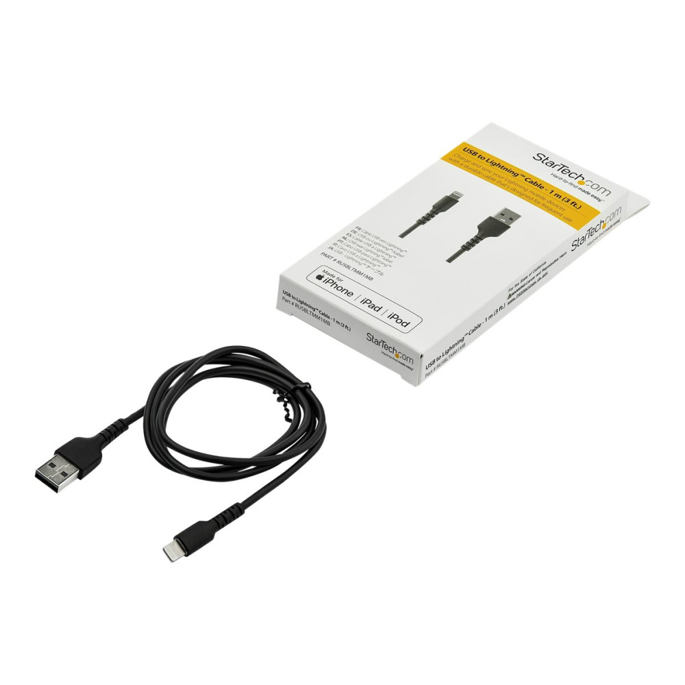 Produktbild för StarTech.com 1m tålig svart USB-A till Blixtkabel - Tungt, robust aramifiber USB typ A till Blixtladdare/synkron strömsladd - Apple MFi-certifierad iPad/iPhone 12 - Lightning-kabel - Lightning / USB - 1 m