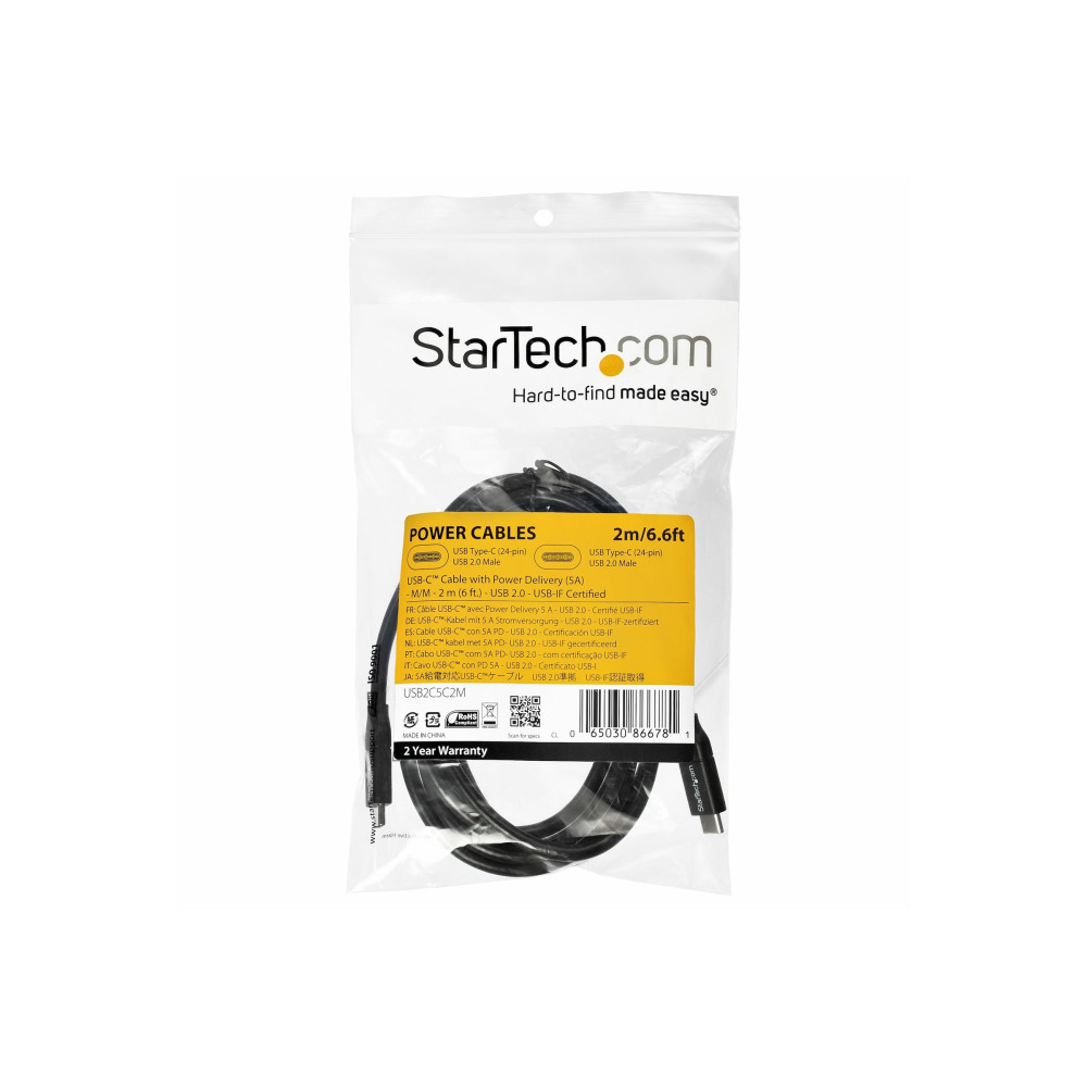 Produktbild för StarTech USB-C till USB-C-kabel med 5A PD - M/M - 2 m - USB 2.0 - USB-IF-certifierad - USB typ C-kabel - USB-C till USB-C - 2 m