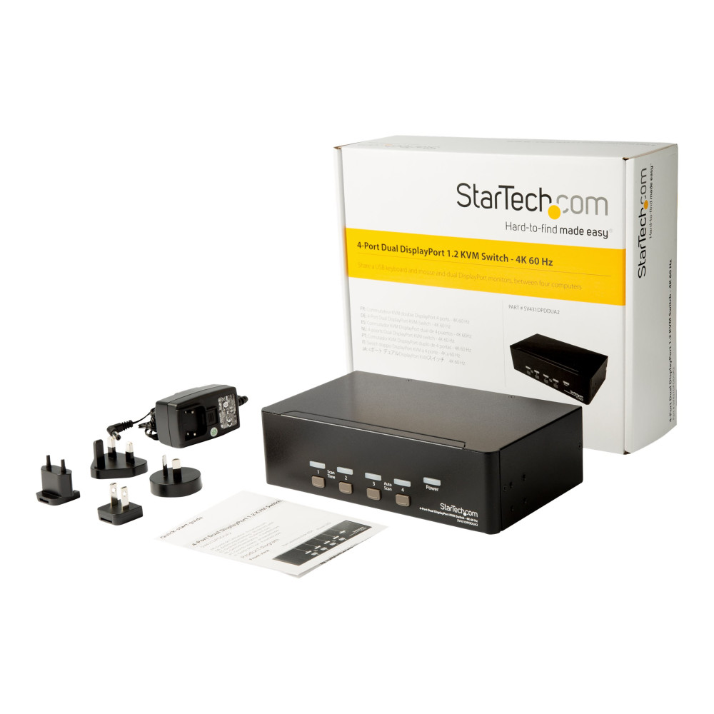 Produktbild för StarTech.com 4-ports Dual DisplayPort KVM-switch - 4K 60 Hz - omkopplare för tangentbord/video/mus/ljud/USB - 4 portar - rackmonterbar