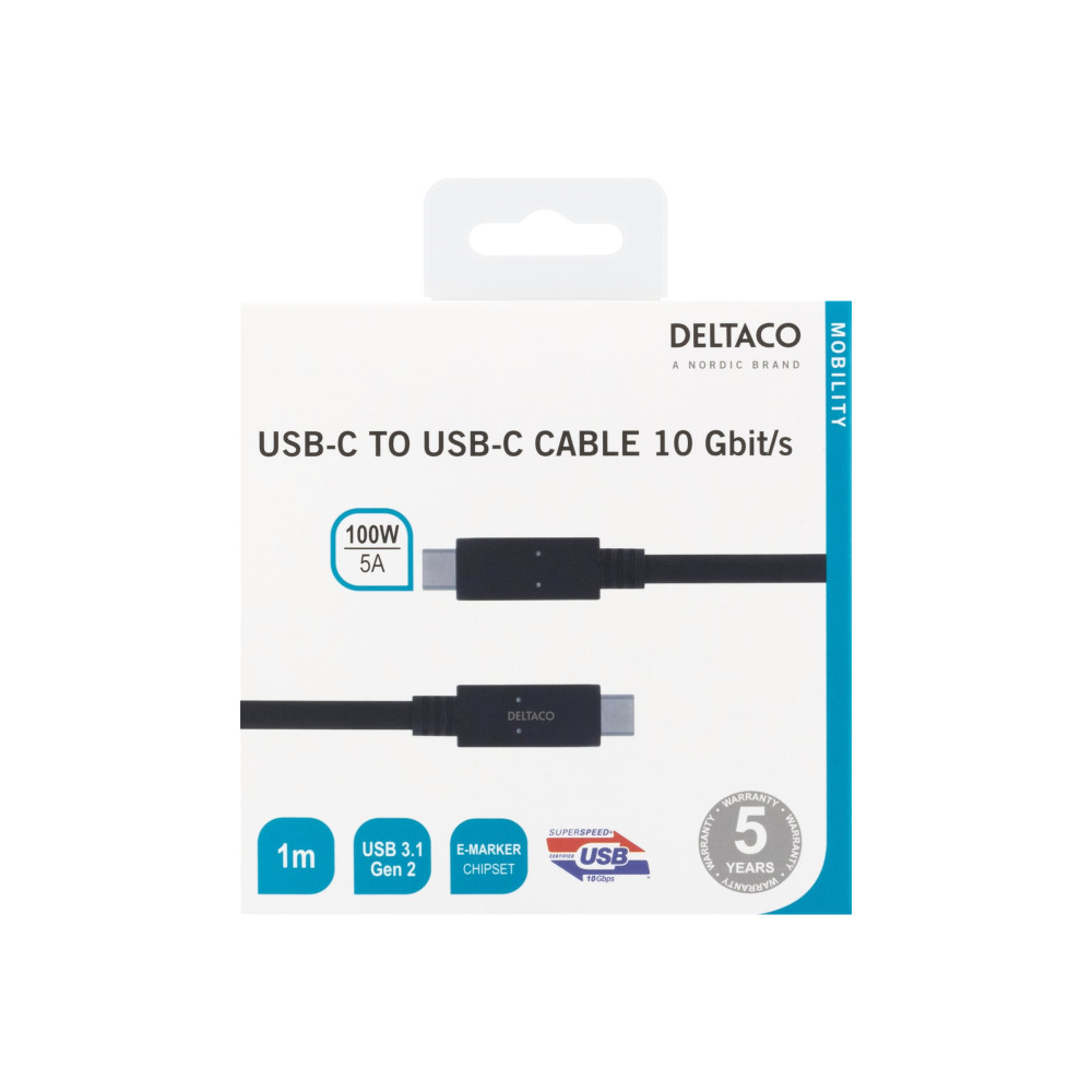 Produktbild för DELTACO - USB typ C-kabel - USB-C till USB-C - 1 m