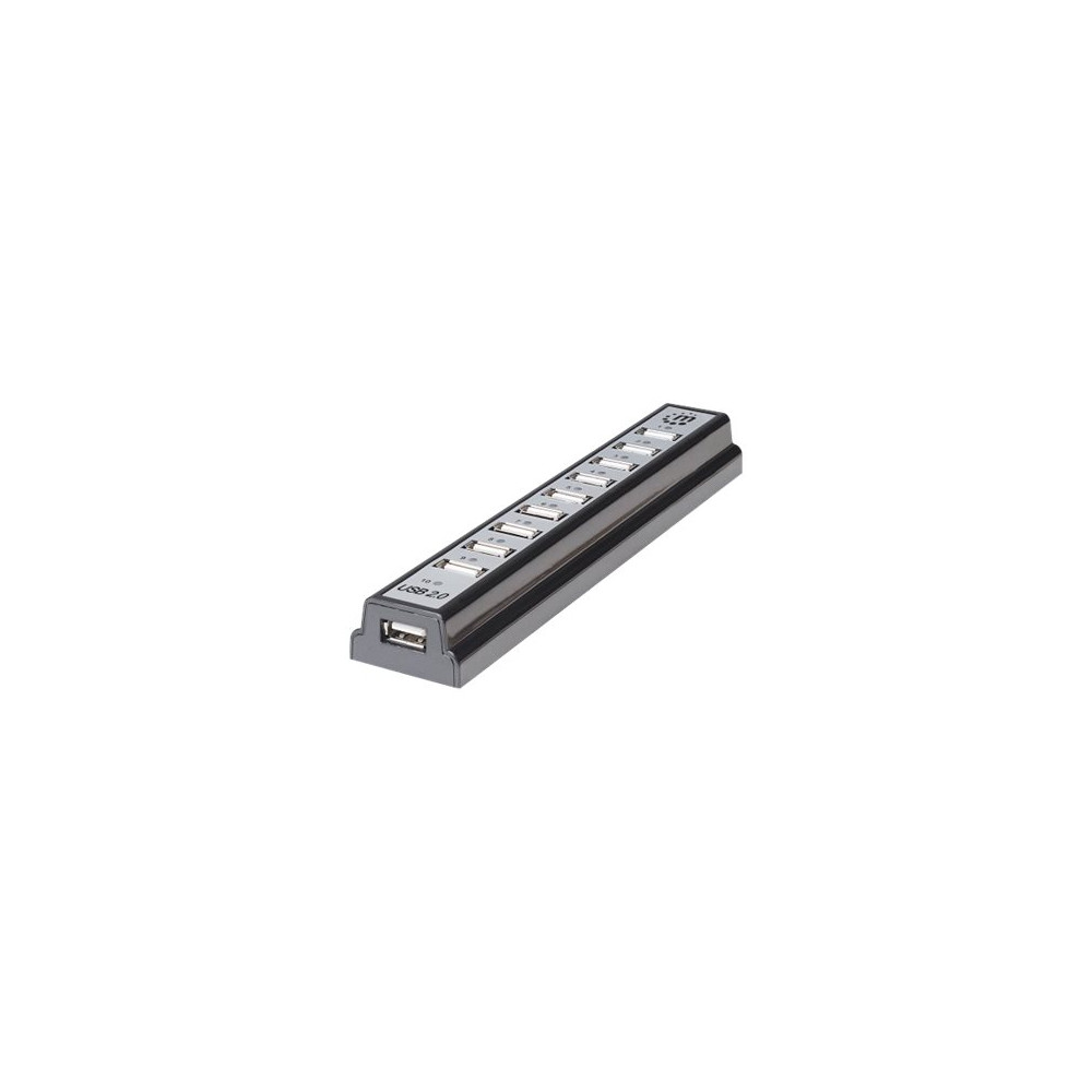Produktbild för Manhattan USB-A 10-Port Desktop Hub, 10x USB-A Ports, 480 Mbps (USB 2.0), Bus or AC Power, Hi-Speed USB, Black, Three Year Warranty, Boxed - hubb - 10 portar