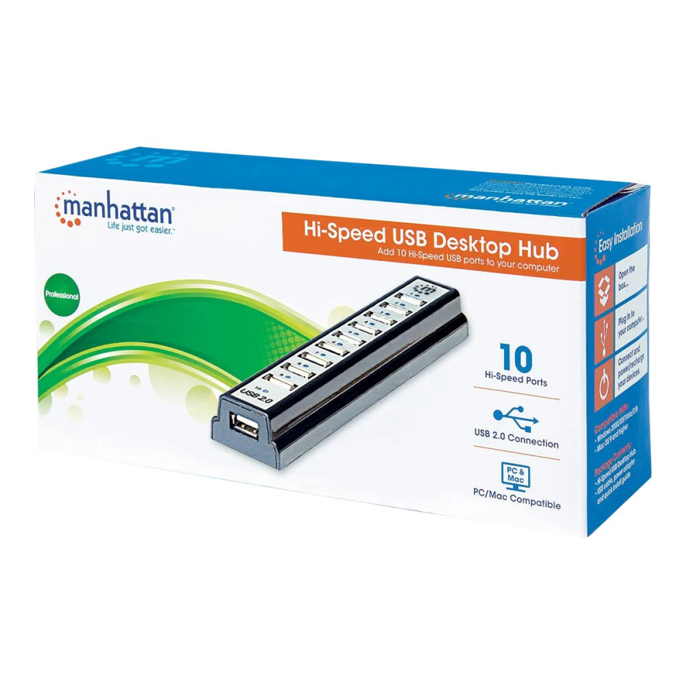 Produktbild för Manhattan USB-A 10-Port Desktop Hub, 10x USB-A Ports, 480 Mbps (USB 2.0), Bus or AC Power, Hi-Speed USB, Black, Three Year Warranty, Boxed - hubb - 10 portar