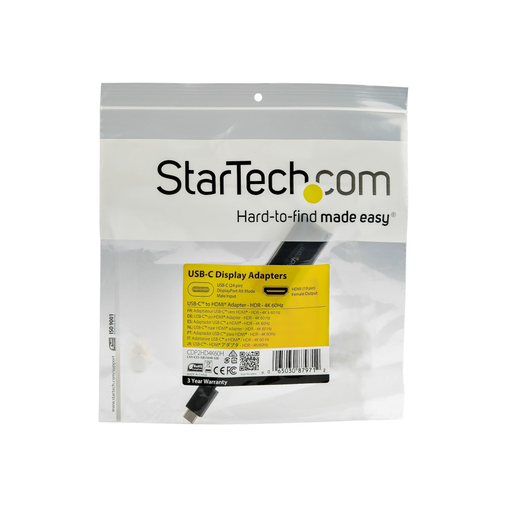 Produktbild för StarTech.com USB 3.1 Type C to HDMI Adapter with HDR - 4K 60Hz - TB3 Compatible - Windows & Mac Compatible Black USB C to HDMI Monitor Converter (CDP2HD4K60H) - extern videoadapter - MegaChips MCDP2900 - svart