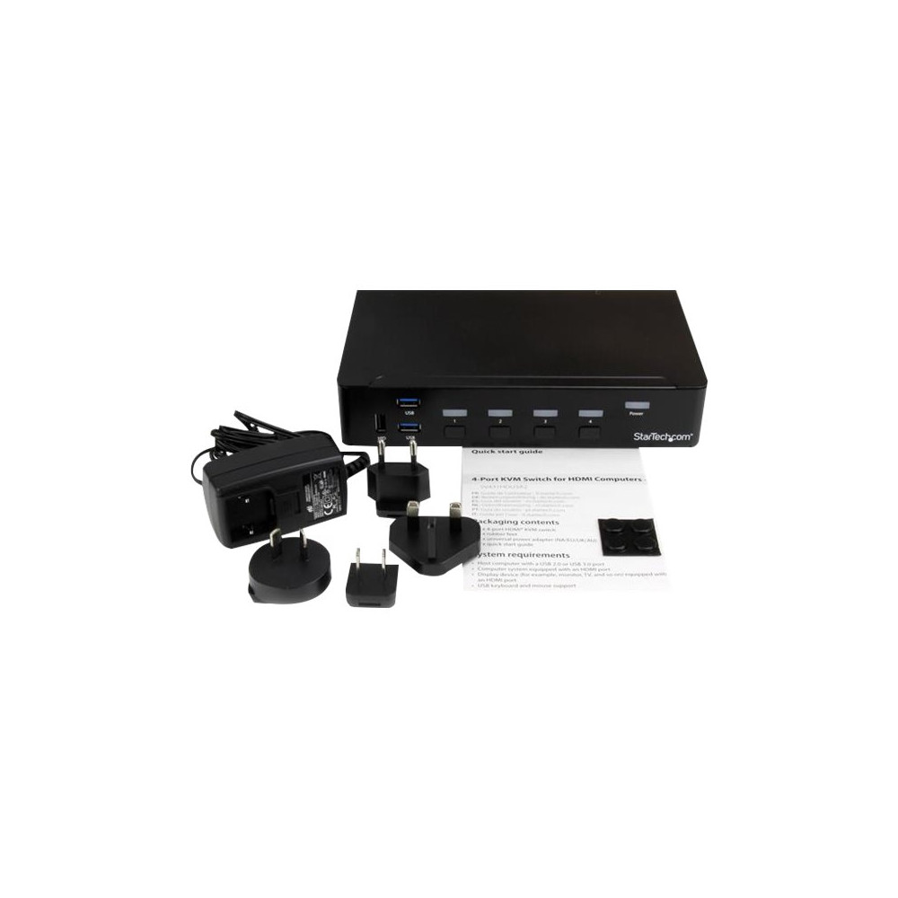Produktbild för Startech HDMI KVM-switch med 4 portar - USB 3.0 - 1080p - omkopplare för tangentbord/video/mus/USB - 4 portar - rackmonterbar