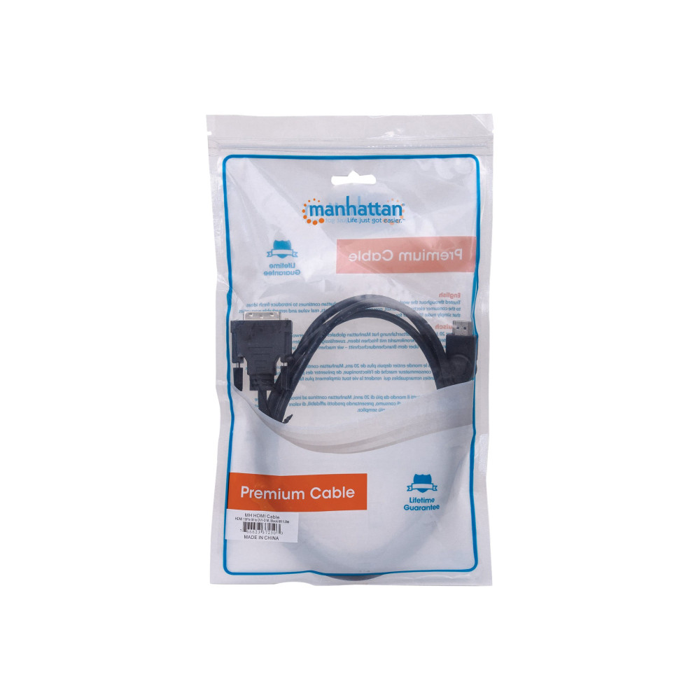 Produktbild för Manhattan HDMI to DVI-D 24+1 Cable, 1.8m, Male to Male, Black, Dual Link, Compatible with DVD-D, Lifetime Warranty, Polybag - adapterkabel - HDMI / DVI - 1.8 m
