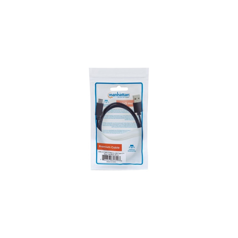 Produktbild för Manhattan USB-C to USB-A Cable, 1m, Male to Male, Black, 480 Mbps (USB 2.0), Hi-Speed USB, Lifetime Warranty, Polybag - USB typ C-kabel - USB-C till USB - 1 m