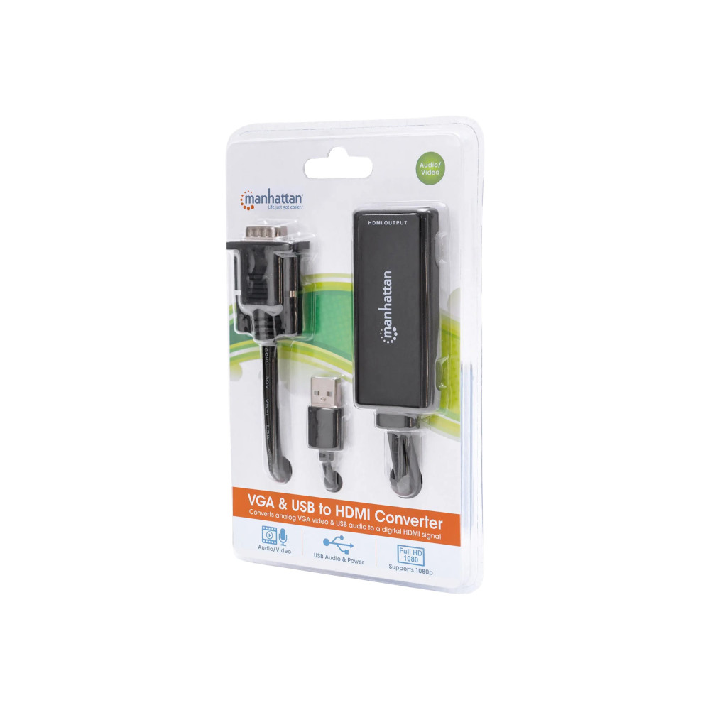 Produktbild för Manhattan VGA and USB-A to HDMI Converter, Analog VGA Video and USB Audio to Digital HDMI Signal, 1920x1080, 1080p@60Hz, 24-bit colour, 1.65 Gbps / 165 MHz, Three Year Warranty, Blister - adapterkabel - HDMI / VGA / USB - 1 m