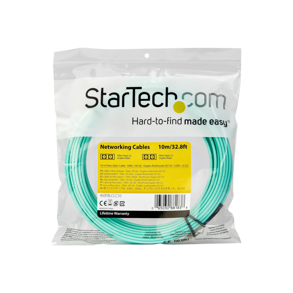 Produktbild för StarTech.com 10 m OM4 LC to LC Multimode Duplex Fiber Optic Patch Cable- Aqua - 50/125 - Fiber Optic Cable - 40/100Gb - LSZH (450FBLCLC10) - patch-kabel - 10 m - 10 m - havsblå