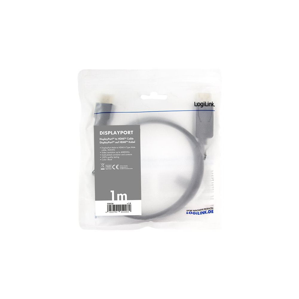 Produktbild för LogiLink adapterkabel - DisplayPort / HDMI - 1 m