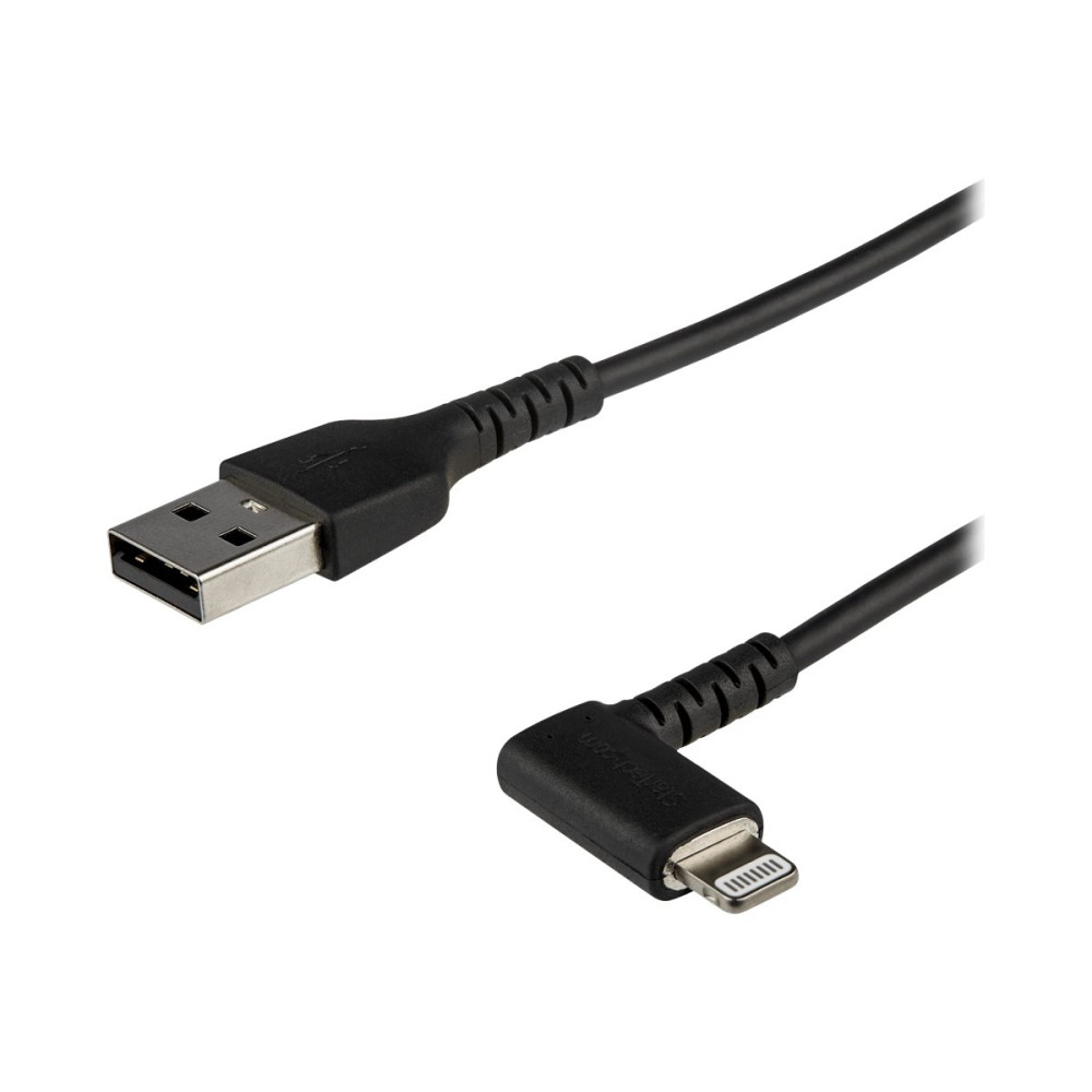 Produktbild för StarTech.com 2m tålig USB-A till Blixtkabel - svart 90° högervinkad, robust aramidfiber USB typ A till Blixtuppladdning/synkron sladd - Apple MFi-certifierad - iPhone - Lightning-kabel - Lightning / USB - 2 m
