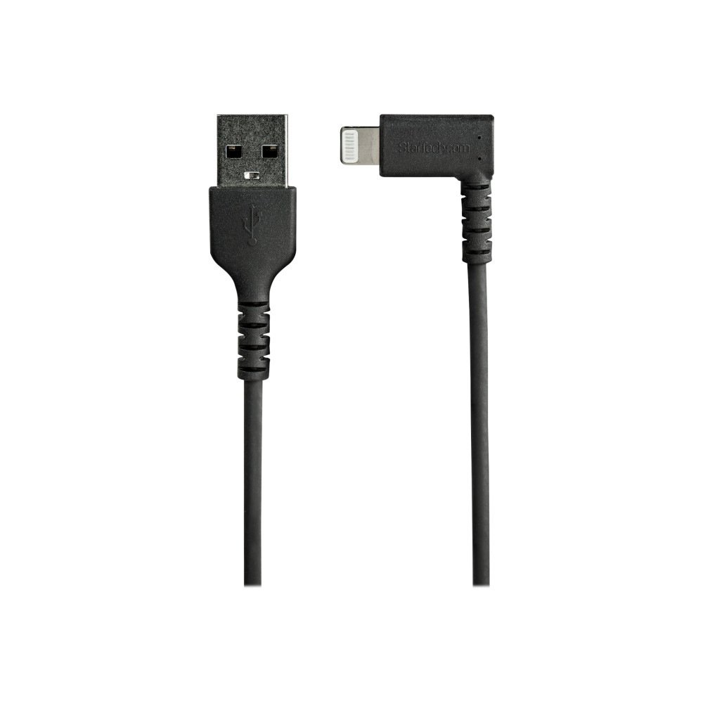 Produktbild för StarTech.com 2m tålig USB-A till Blixtkabel - svart 90° högervinkad, robust aramidfiber USB typ A till Blixtuppladdning/synkron sladd - Apple MFi-certifierad - iPhone - Lightning-kabel - Lightning / USB - 2 m