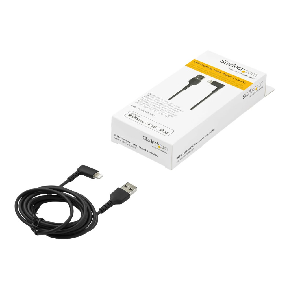 Produktbild för StarTech.com 2m tålig USB-A till Blixtkabel - svart 90° högervinkad, robust aramidfiber USB typ A till Blixtuppladdning/synkron sladd - Apple MFi-certifierad - iPhone - Lightning-kabel - Lightning / USB - 2 m