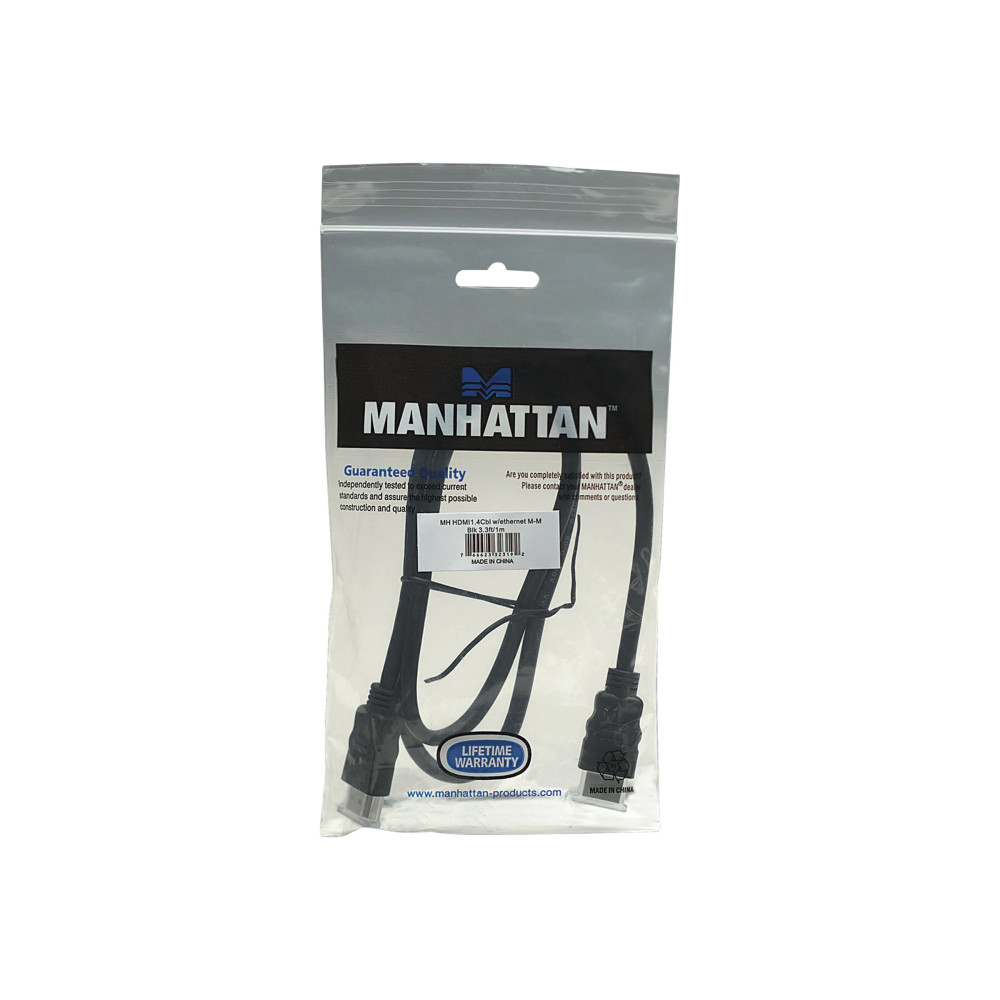 Produktbild för Manhattan HDMI Cable with Ethernet, 4K@30Hz (High Speed), 1m, Male to Male, Black, Ultra HD 4k x 2k, Fully Shielded, Gold Plated Contacts, Lifetime Warranty, Polybag - HDMI-kabel med Ethernet - 1 m
